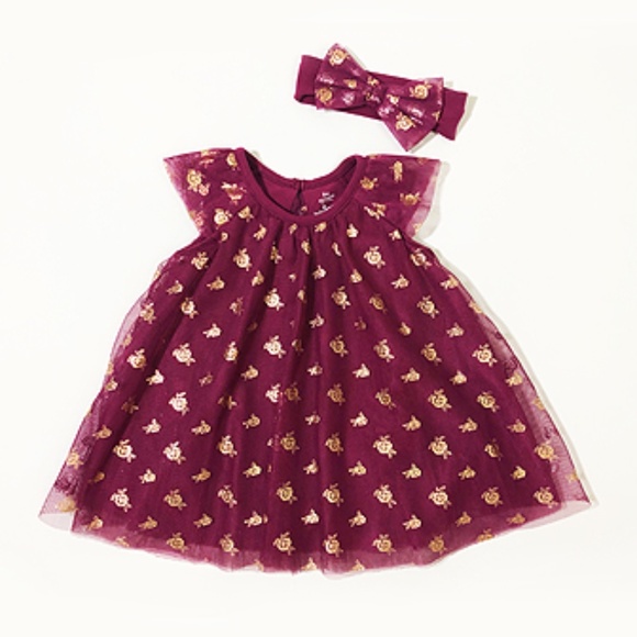 Baby Starters Other - Baby Starters Burgundy & Rose Gold Foil Star Angel-Sleeve Dress & Headband